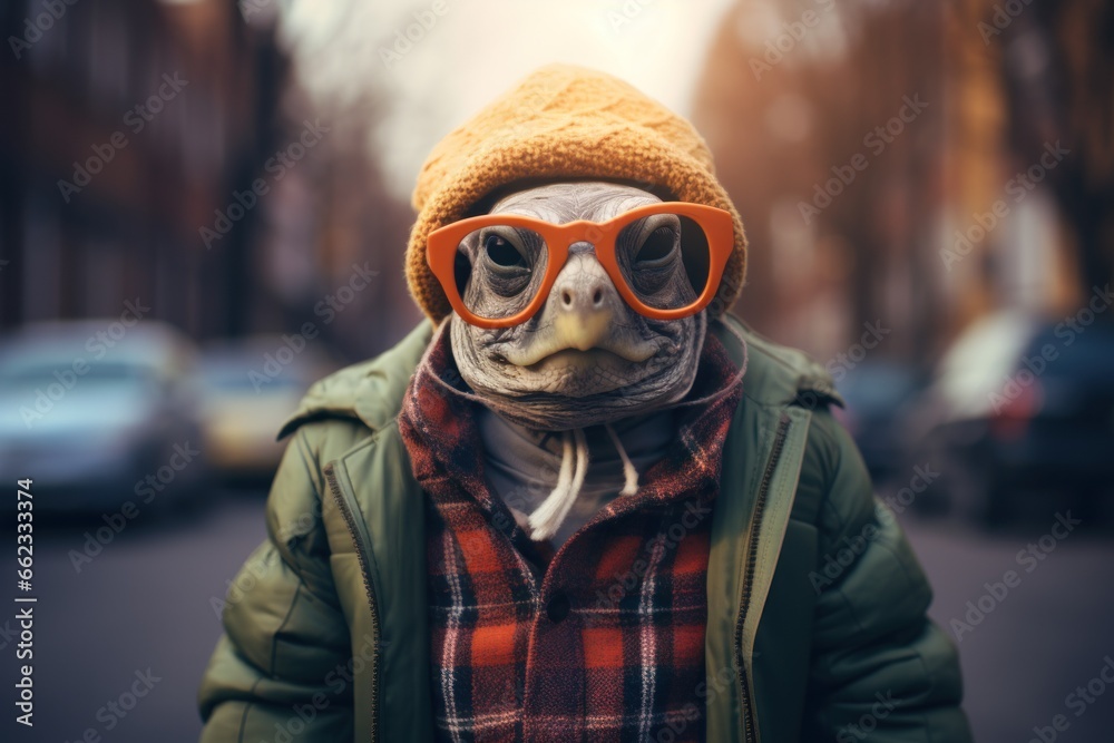 Hipster turtle walking around the city on the street.