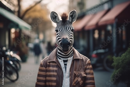 Hipster zebra walking around the city on the street.