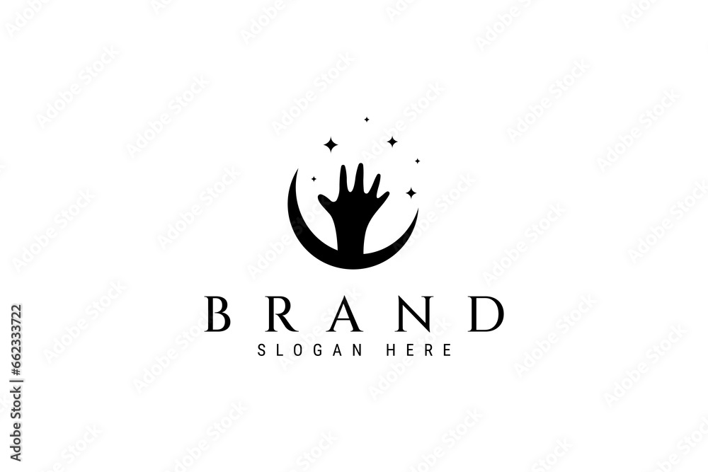 Vector logo template image of a palm reaching for a star on a crescent moon Vector logo template image of a palm reaching for a star on a crescent moon