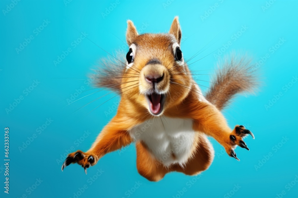 Happy squirrel jumping and having fun. - obrazy, fototapety, plakaty 