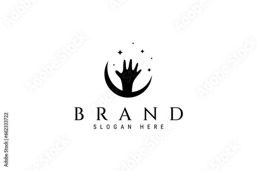 Vector logo template image of a palm reaching for a star on a crescent moon