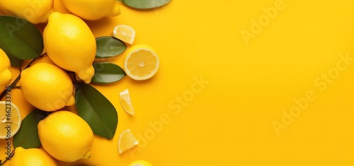 collection of fresh lemons on a yellow background with empty space for your text. Generative AI #662333725