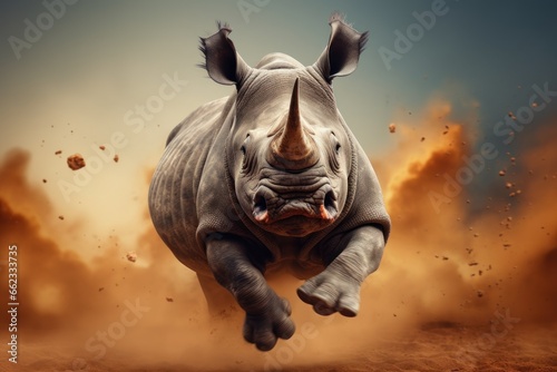 Happy rhinoceros jumping and having fun.