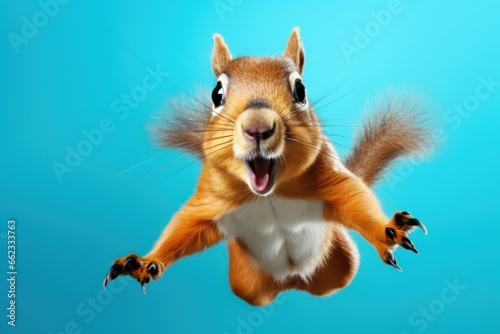 Happy squirrel jumping and having fun. photo