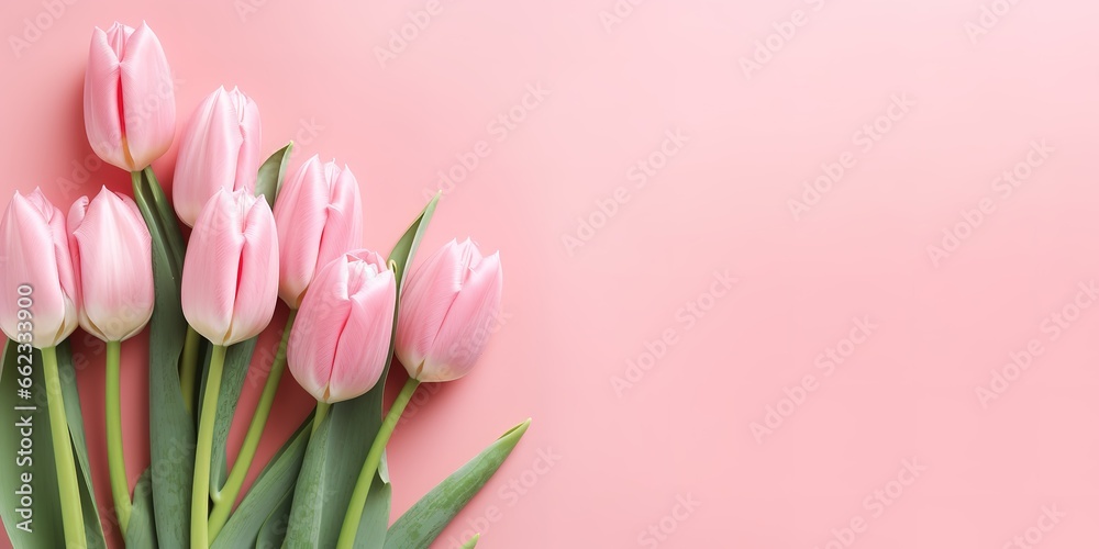 beautiful pink tulip flowers on pink background. generative AI