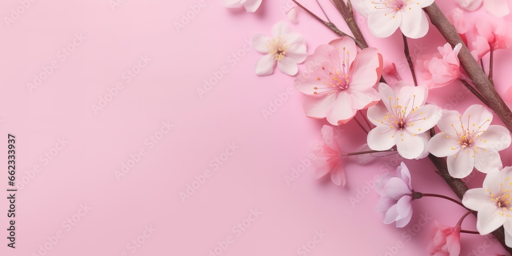 photo of cherry blossoms on pink background. generative AI