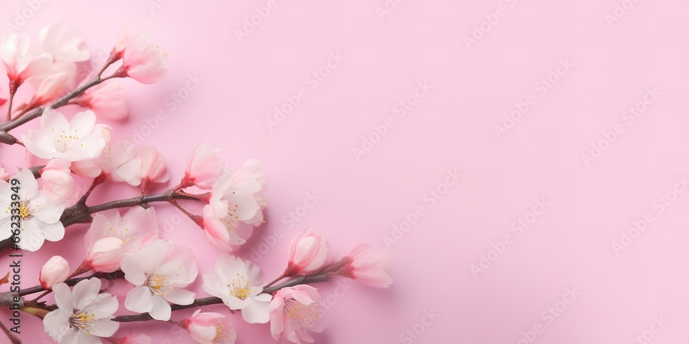 photo of cherry blossoms on pink background. generative AI