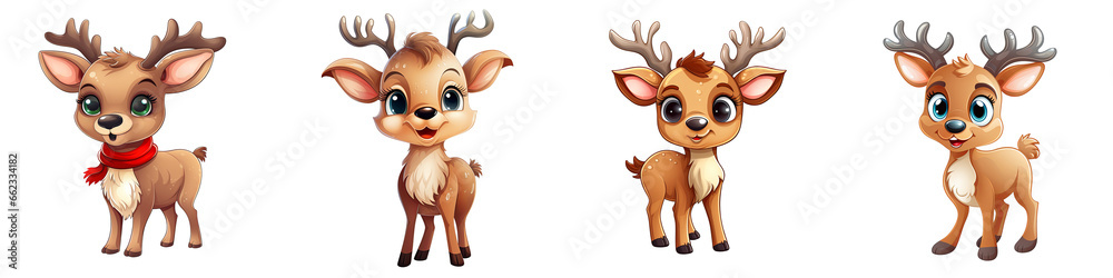 Christmas Cartoon Reindeer, set of isolated items Christmas Cartoon Reindeer, set of isolated items