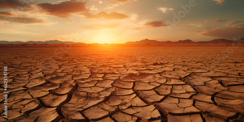 cracked earth in the desert, Orange sunset in cloudy sky over desert stock, Broken land drought, GENERATIVE AI 