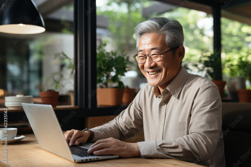 Elderly men use social media and use WiFi for distance learning. Happy senior man in retirement uses laptop computer to surf online Elderly men use social media and use WiFi for distance learning. Happy senior man in retirement uses laptop computer to surf online