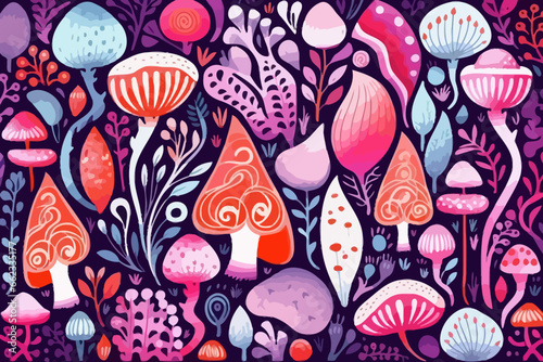 Monochromatic color schemes quirky doodle pattern, wallpaper, background, cartoon, vector, whimsical Illustration