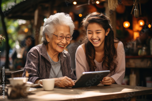 An elderly person and his young granddaughter are using social media and using the WiFi for distance learning. Happy senior woman in retirement uses laptop computer to surf online