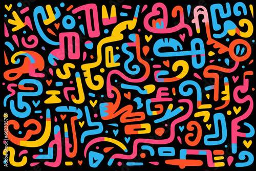 Neon Calligraphy quirky doodle pattern, wallpaper, background, cartoon, vector, whimsical Illustration