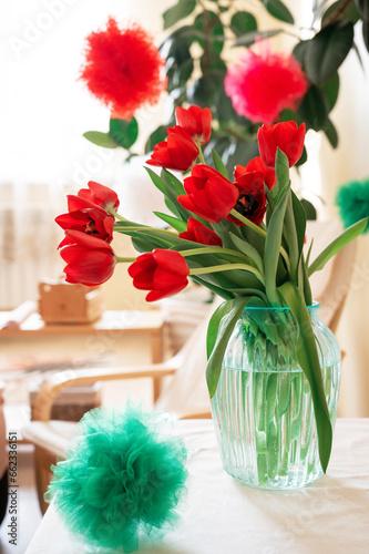 Bouquet of red tulips, spri...