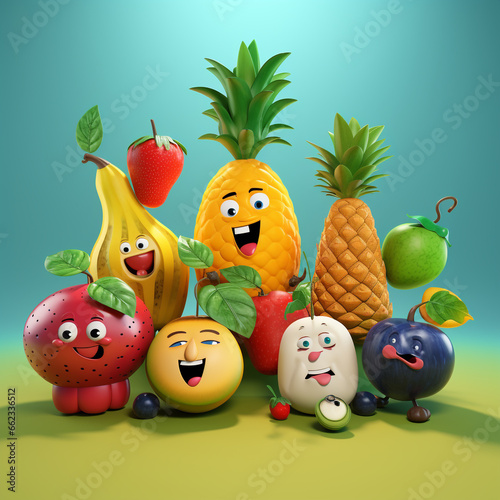 Fruits and vegetables character group isolated on orange background. 3d illustration