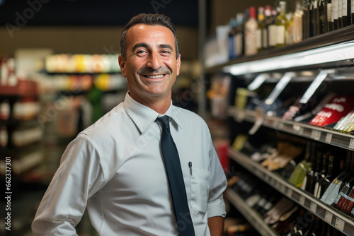 Smiling Liquor store manager posing looking at the camera