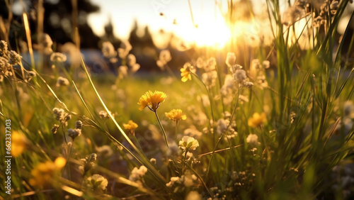 An abstract soft focus sunset field landscape of yellow flowers and grass meadow warm during golden hour 