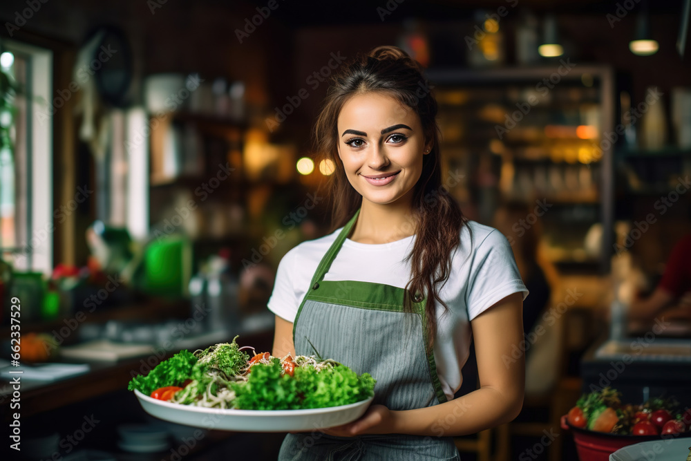 Smiling charming beautiful young waitress posing at a restaurant kitchen holding a salad dish looking at the camera