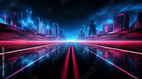 Dark street background, reflection of blue and red neon on the asphalt