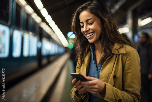 Smiling attractive woman looking at his smart phone at a train station photo