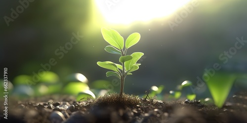 a small tree growing from the ground, with the sun shining on it, photographed with tilt-shift lens style. Generative AI