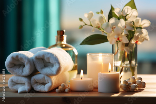 Spa  beauty treatment and wellness background with Towels  Flower  Massage oil and burning candle on wooden table 