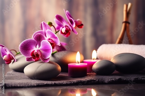 Bright Spa vibe  beauty treatment and wellness background with massage stone  orchid flowers  towels and burning candles 