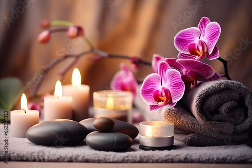 Bright Spa vibe, beauty treatment and wellness background with massage stone, orchid flowers, towels and burning candles 
