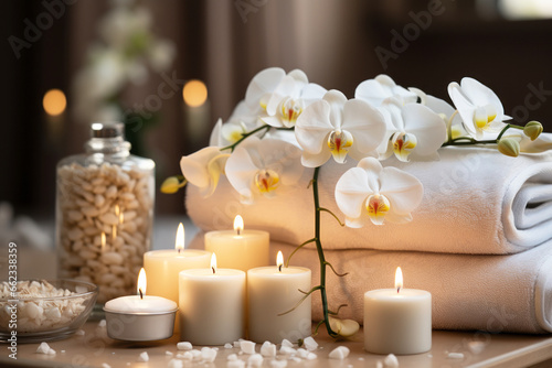 A tranquil spa massage and wellness environment adorned with blossoming flowers and burning candle  evoking beauty and relaxation. 