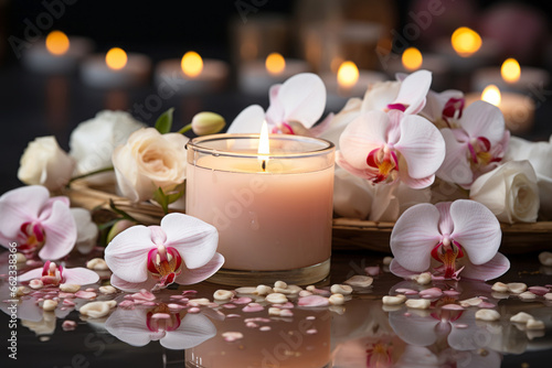 A tranquil spa massage and wellness environment adorned with blossoming flowers and burning candle, evoking beauty and relaxation. 