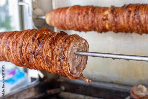 Grilled Turkish food "Kokorec" (kokoreç), similar doner kebab