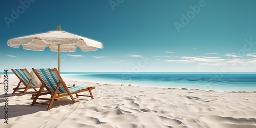 photo of beach view with chairs and beach umbrellas. generative AI