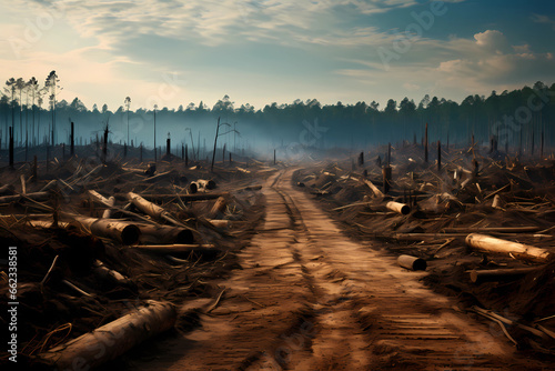 deforestation: chopped down trees photo