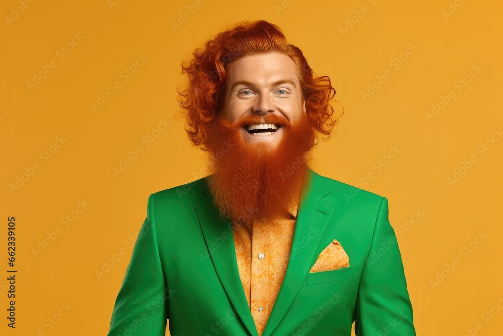 portrait middle-aged man with red hair dressed in green tones, on orage background. saint patricks day. portrait middle-aged man with red hair dressed in green tones, on orage background. saint patricks day.