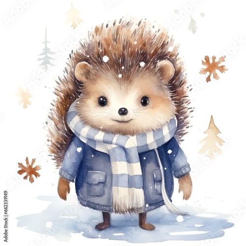 watercolor illustration of a cute little hedgehog winter theme, snowflakes around, white background