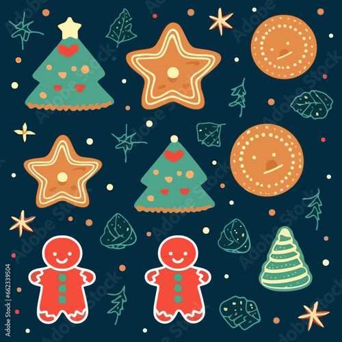 Christmas cookies quirky doodle pattern, background, cartoon, vector, whimsical Illustration