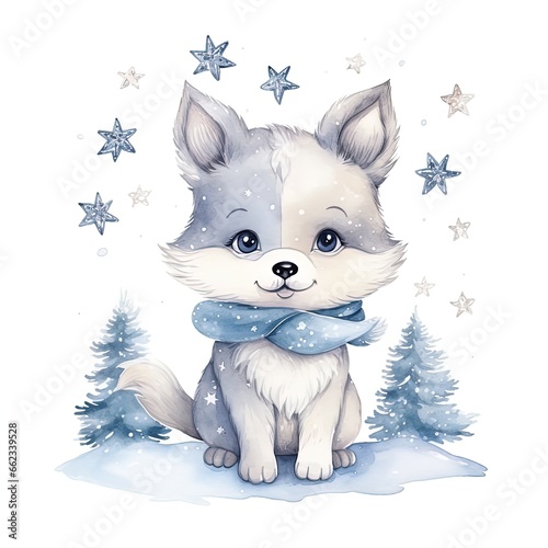 watercolor illustration of a cute little wolf winter theme, snowflakes around, white background