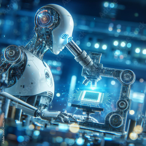 Artificial intelligence robot researching semiconductor chip, electronics vibe, electric flow, electric circuit diagram,  technology