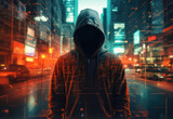 An anonymous hacker wearing a hoodie is depicted in a double exposure photo taken at night in the data city