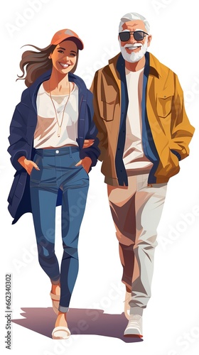 Couple man and woman forty years wear modern casual clothes walking hugging . Front view. Cartoon comic style
