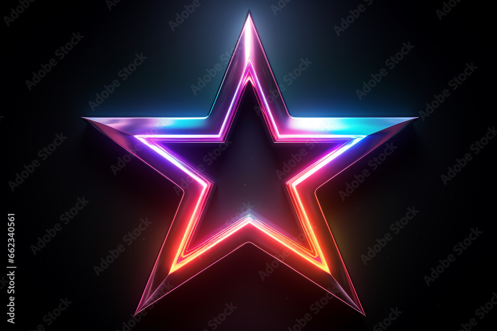 Neon bunter Stern mit Lichteffekten auf dunklem Hintergrund. Querformat. Generative Ai. Neon bunter Stern mit Lichteffekten auf dunklem Hintergrund. Querformat. Generative Ai.