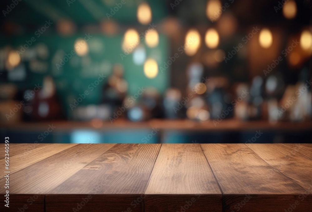 Bar or pub with a blurred background and an empty wooden table. For the purpose of product display - obrazy, fototapety, plakaty 