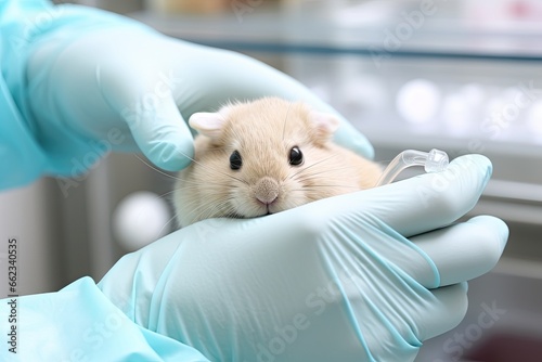 Close-up. Lab research on rodent, syringe and gloved hands visible. Clinical study and animal trials. photo