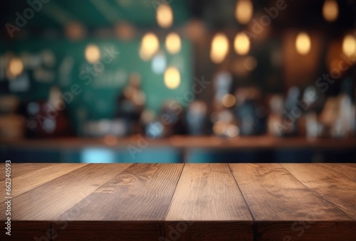 Bar or pub with a blurred background and an empty wooden table. For the purpose of product display