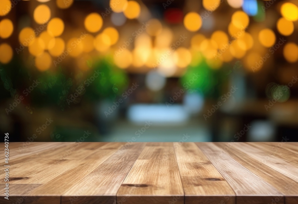 Bar or pub with a blurred background and an empty wooden table. For the purpose of product display. Copy space for text, advertising, message, logo