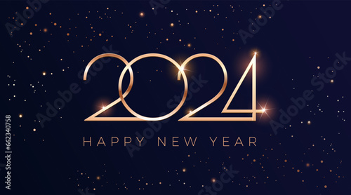 Luxury 2024 Happy New Year greeting card - vector background of golden 2024 logo numbers on black background - perfect typography for 2024 save the date luxury designs and new year