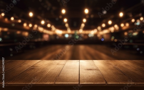 Bar or pub with a blurred background and an empty wooden table. For the purpose of product display. Copy space for text, advertising, message, logo
