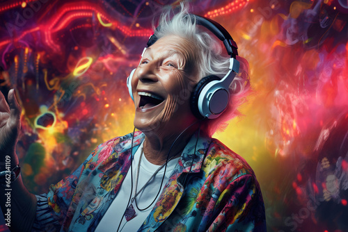 Portrait of surprised cheerful old woman listening to music with headphones