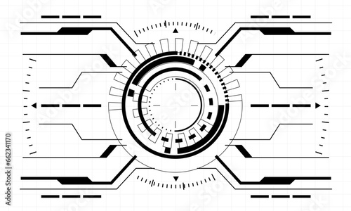 HUD sci-fi interface screen view black geometric on white design virtual reality futuristic technology creative display vector