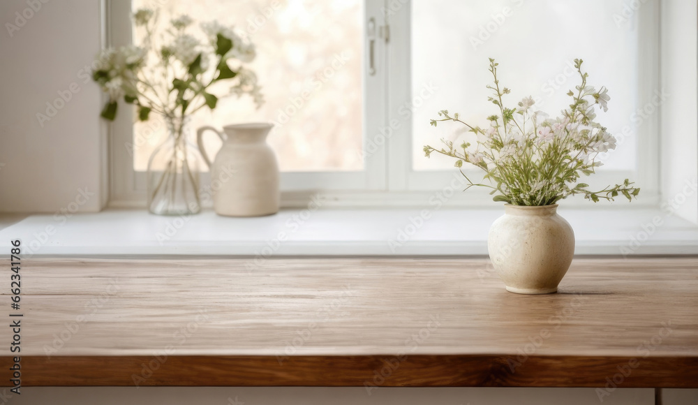 Vase filled with dried flowers and an empty wooden table on a windowsill background. Bar or pub with a blurred background and an empty wooden table. For the purpose of product display. Copy space for Vase filled with dried flowers and an empty wooden table on a windowsill background. Bar or pub with a blurred background and an empty wooden table. For the purpose of product display. Copy space for